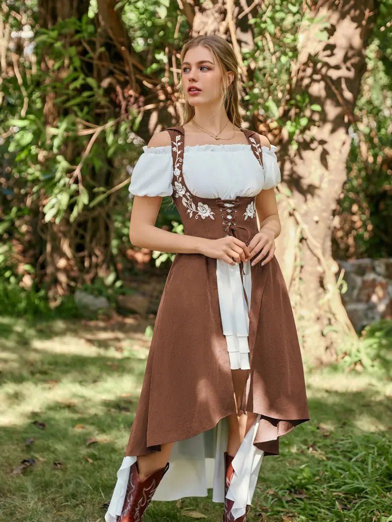Renaissance Warrior Rose-embroidered Hooded Vest Dress
