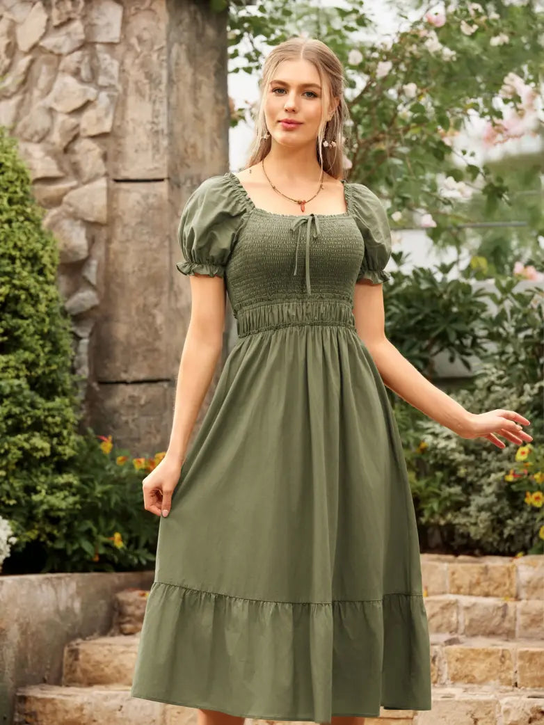 Women Renaissance Off Shoulder Pocket Cotton Dress Scarlet Darkness Apricot / XL