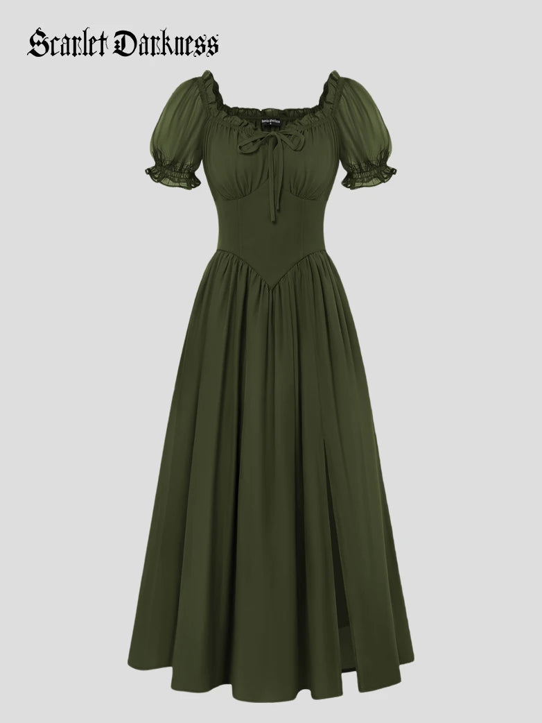 green ren faire dress Women Renaissance Off Shoulder Pocket Milkmaid Scarlet Darkness Olive / S Belt Size (refer to sizing instructions below):44 Jonnifer Gray 6 Drawer Dark Plum colour: blue-wrap-over-frill-hem-short-sleeve-midi-dress