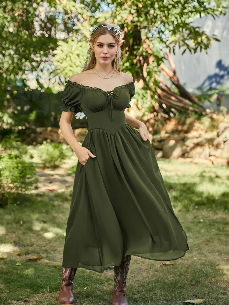 Scarlet Darkness Renaissance Off Shoulder Milkmaid Pockets Dress