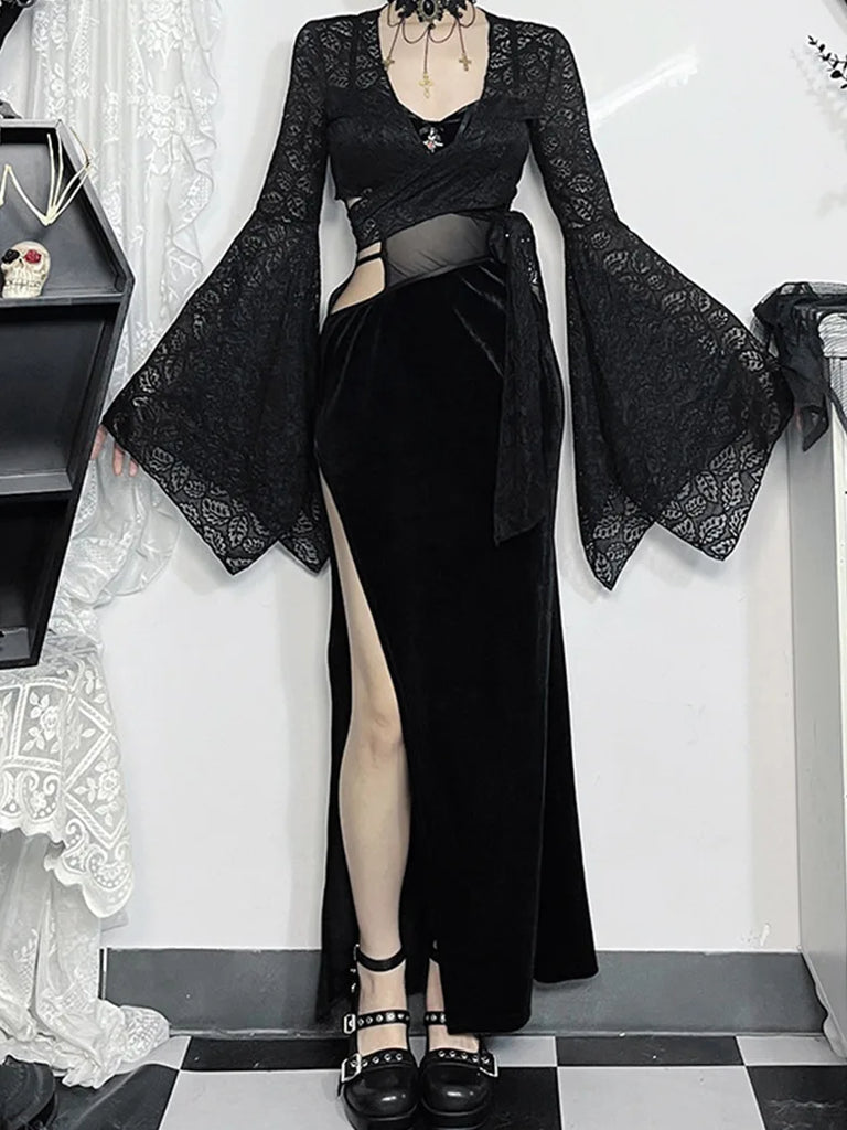 Victorian Goth Style Black Bell Sleeves Lace Tied Cardigan SCARLET DARKNESS