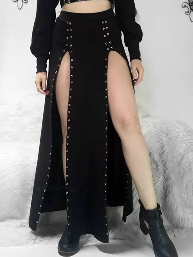 Punk Sexy Double Row Eyelet High Slit Skirt for Women SCARLET DARKNESS