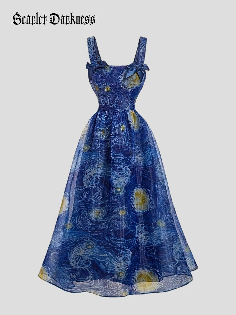 Victorian Starry Night Printed Bow Strap Midi Dress