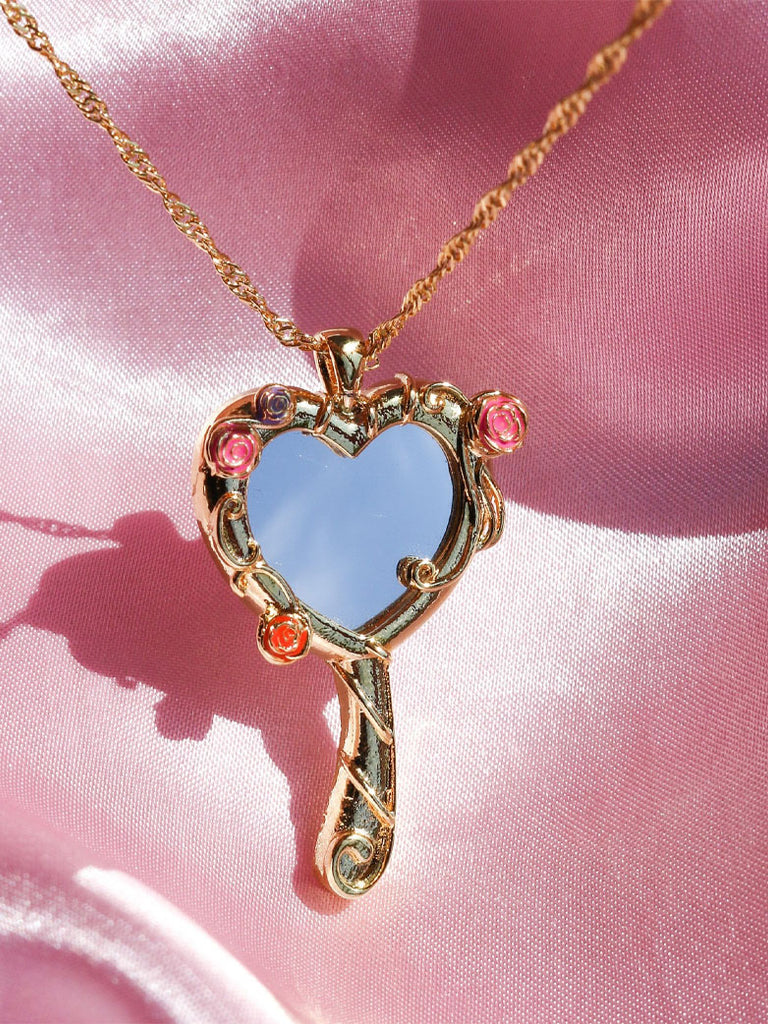 Vintage Heart Mirror Pendant Charming Necklace Sleeping Beauty SCARLET DARKNESS