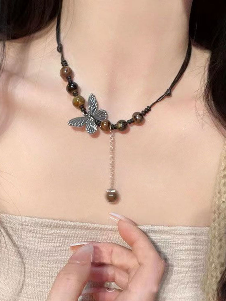 Retro Butterfly Pendant Necklaces Beaded Clavicle Chain SCARLET DARKNESS