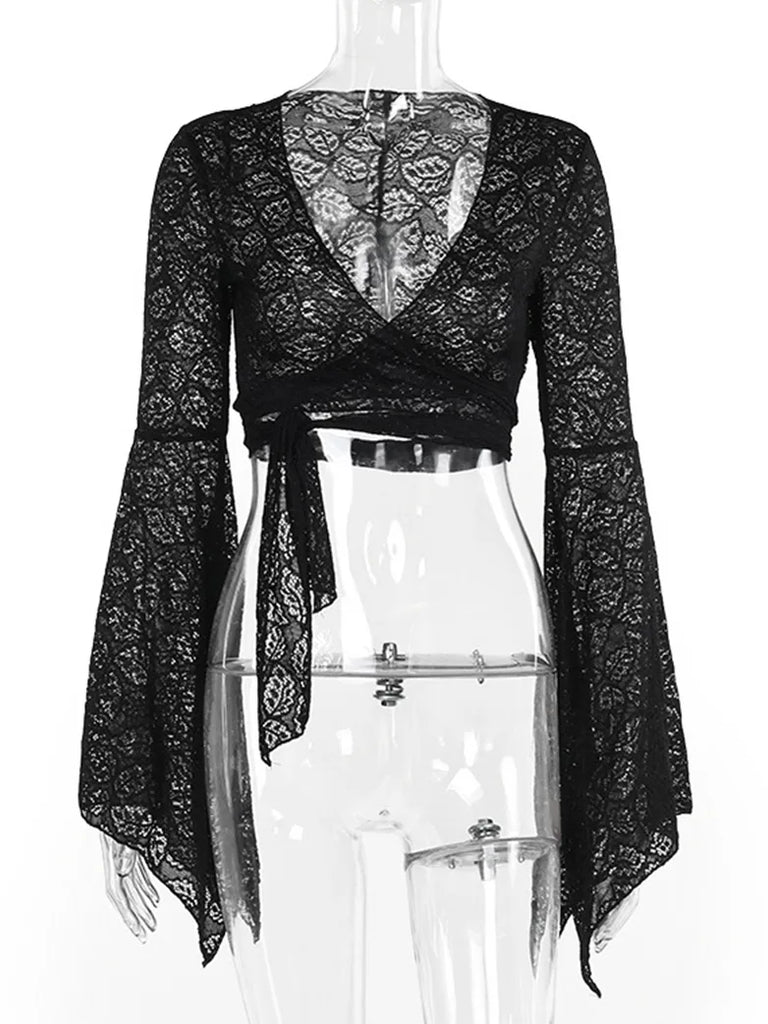 Victorian Goth Style Black Bell Sleeves Lace Tied Cardigan SCARLET DARKNESS