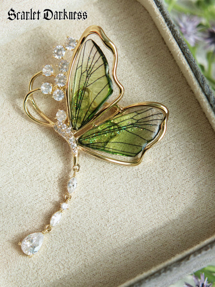 Vintage Secret Garden Green Butterfly Elf Tassel Brooch SCARLET DARKNESS